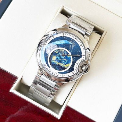 Cartier Stainless Steel Case 44*12MM Cowhide Leather/Steel Bracelet Business Men Blue Watch